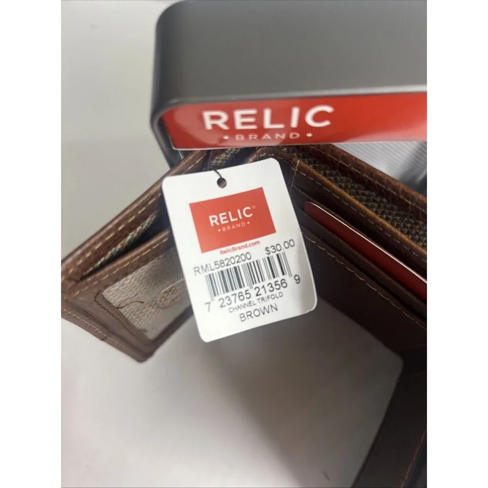 Relic Brown Leather Trifold Wallet W/Stitching RML5820200 Metal Case New
